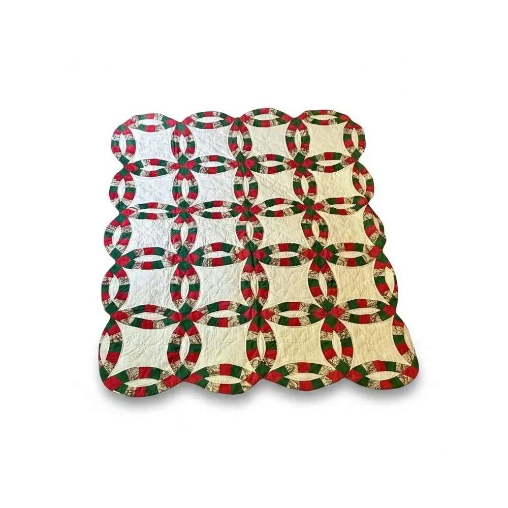 Vintage Handmade Double Wedding Ring Quilt-Wall Hanging-Christmas Throw-Holiday
